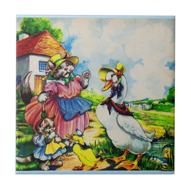 1930s mama kitty cat and baby kitty visit ducks tile (Front)