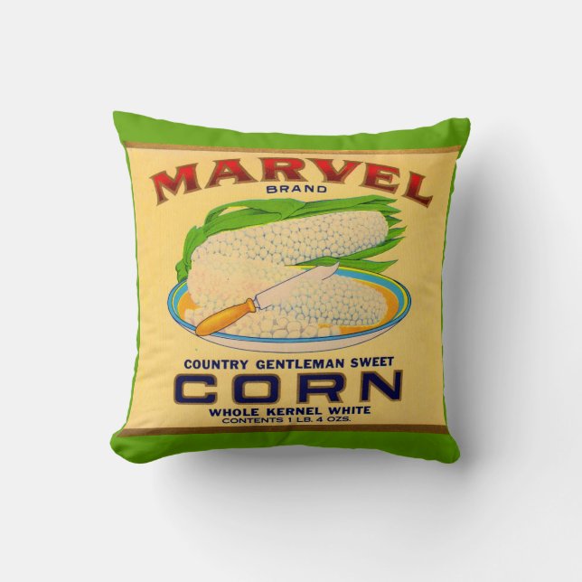 1930s Marvel canned corn label print Throw Pillow (Front)