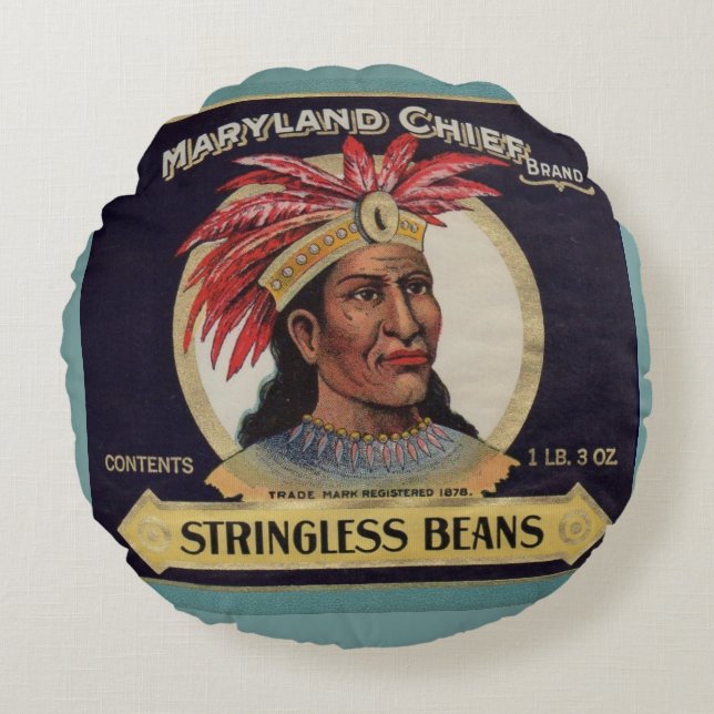 1930s Maryland Chief Stringless Beans label Round Pillow (Front)