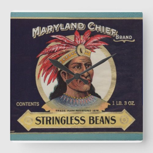 1930s Maryland Chief Stringless Beans label Square Wall Clock