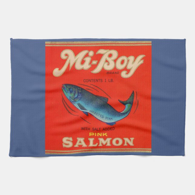 1930s Mi-Boy pink salmon can label Kitchen Towel (Horizontal)