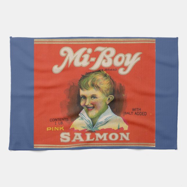 1930s Mi-Boy pink salmon can label Kitchen Towel (Horizontal)