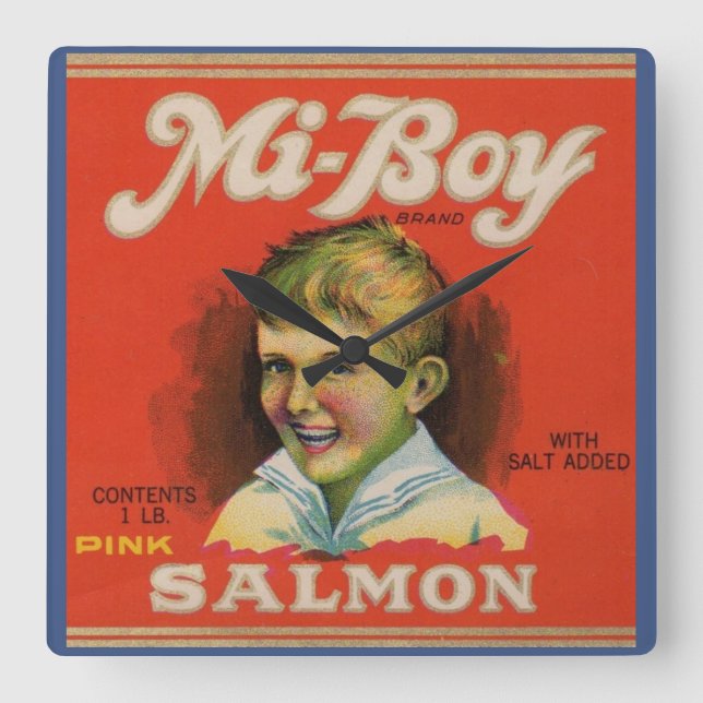 1930s Mi-Boy pink salmon can label Square Wall Clock (Front)