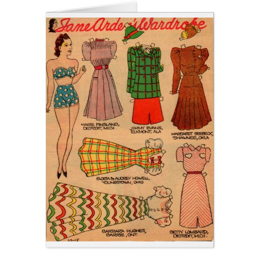 1930s paper doll seven outfits cards (Front)