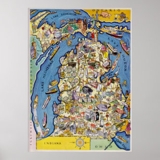 1930's Pictorial Michigan Map Poster