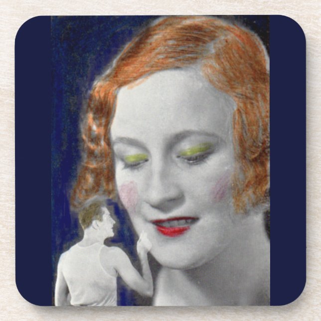 1930s redhead woman and her teeny tiny husband beverage coaster (Front)