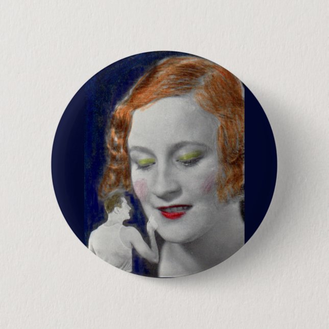 1930s redhead woman and her teeny tiny husband button (Front)