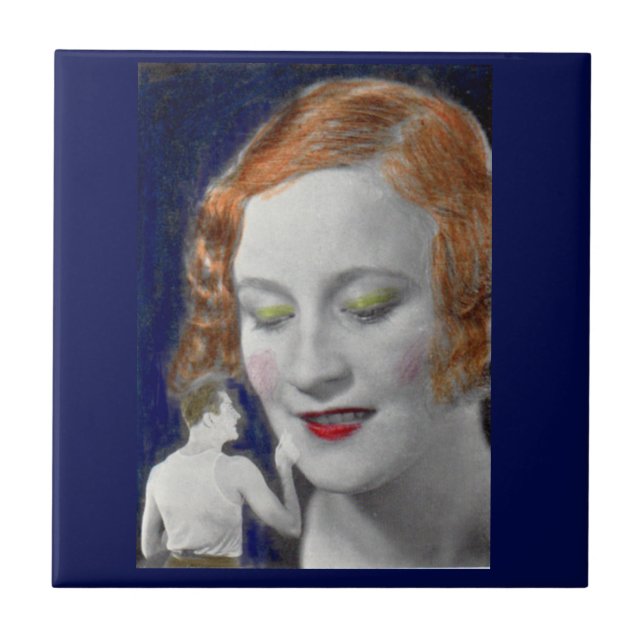 1930s redhead woman and her teeny tiny husband ceramic tile (Front)