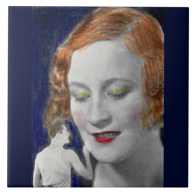 1930s redhead woman and her teeny tiny husband ceramic tile (Front)