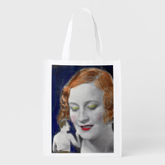 1930s redhead woman and her teeny tiny husband grocery bag