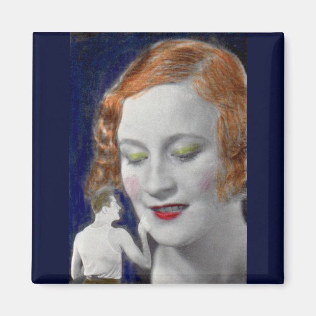 1930s redhead woman and her teeny tiny husband magnet (Front)