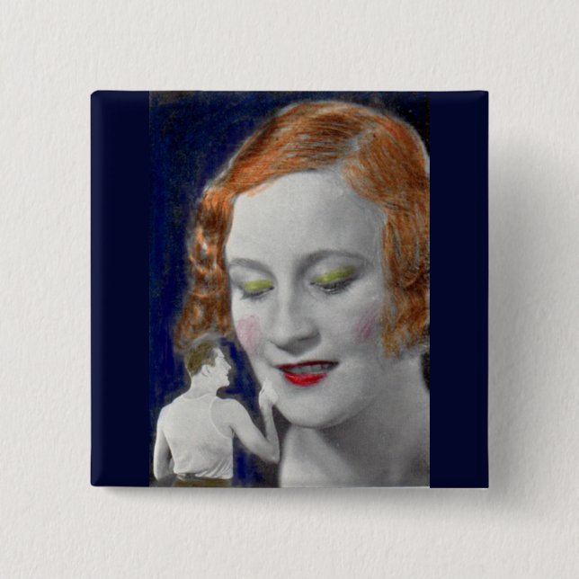 1930s redhead woman and her teeny tiny husband pinback button (Front)
