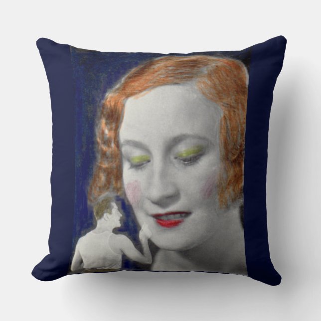 1930s redhead woman and her teeny tiny husband throw pillow (Front)