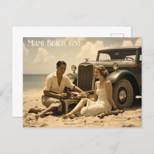 1930s retro picnic on the beach by a roadster postcard