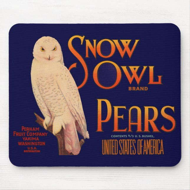1930s Snow Owl brand pears fruit crate  label Mouse Pad (Front)