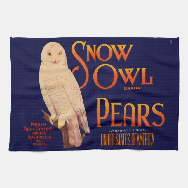 1930s Snow Owl brand pears fruit crate label print Kitchen Towel (Horizontal)