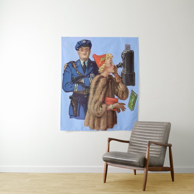 1930s traffic cop and rich lady arrestee tapestry (In Situ)