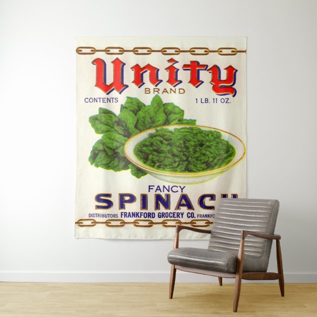 1930s Unity fancy spinach can label Tapestry (In Situ)