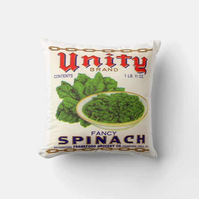 1930s Unity fancy spinach can label Throw Pillow (Front)