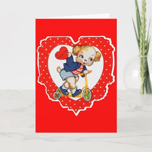 1930s Valentine puppy dog riding scooter Holiday Card (Front)