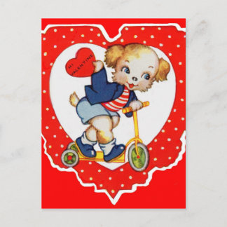 1930s Valentine puppy dog riding scooter Holiday Postcard