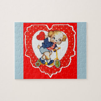 1930s Valentine puppy dog riding scooter Jigsaw Puzzle