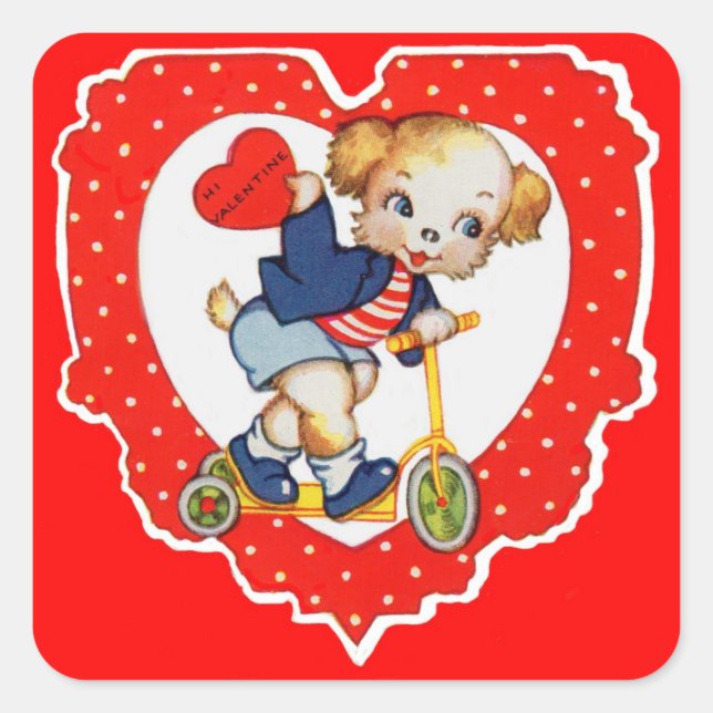 1930s Valentine puppy dog riding scooter Square Sticker (Front)