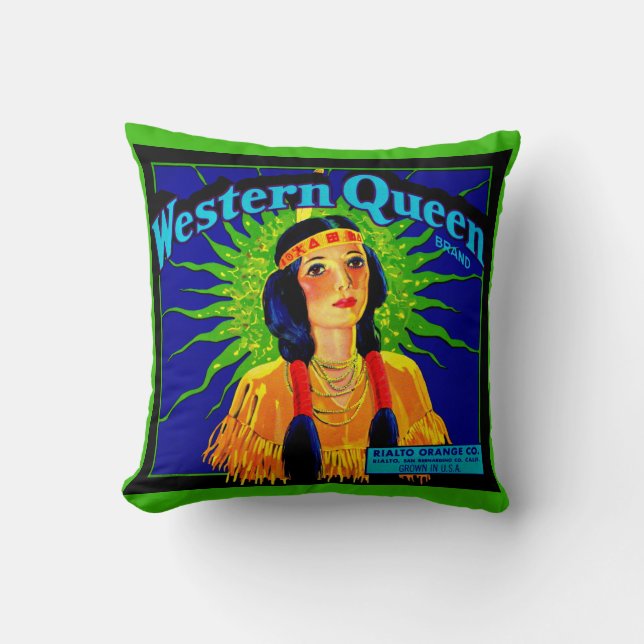 1930s Western Queen orange crate label print Throw Pillow (Front)