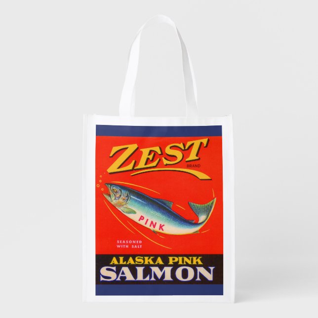 1930s Zest pink salmon can label Reusable Grocery Bag (Front)