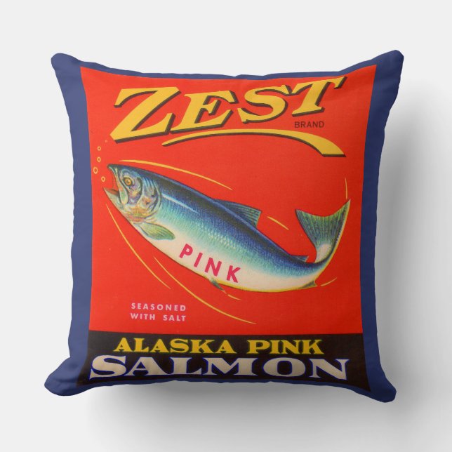 1930s Zest pink salmon can label Throw Pillow (Front)