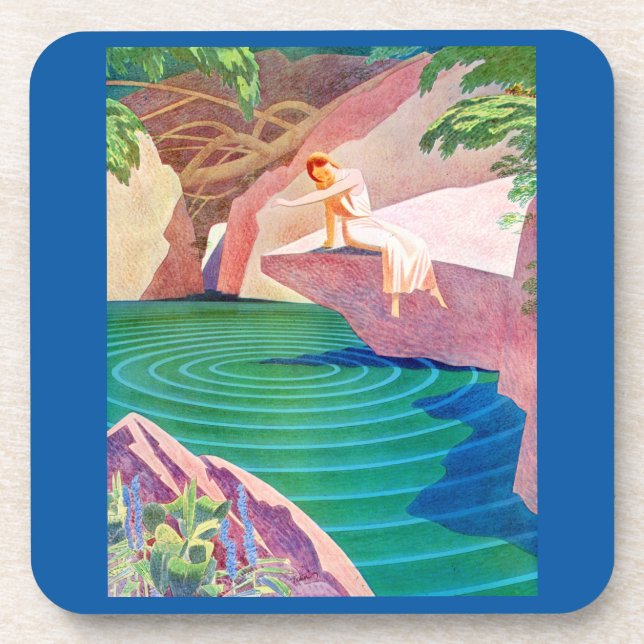 1931 art deco woman by a pond beverage coaster (Front)