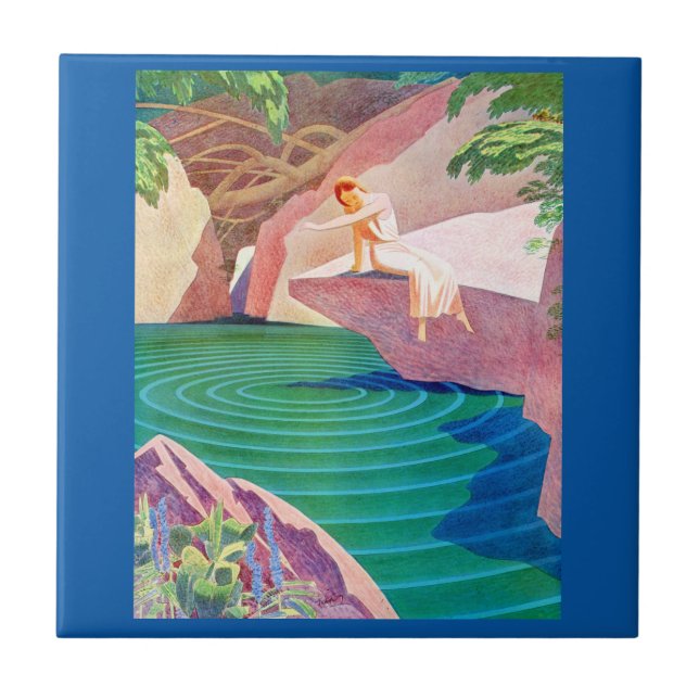 1931 art deco woman by a pond ceramic tile (Front)