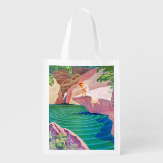 1931 art deco woman by a pond print grocery bag