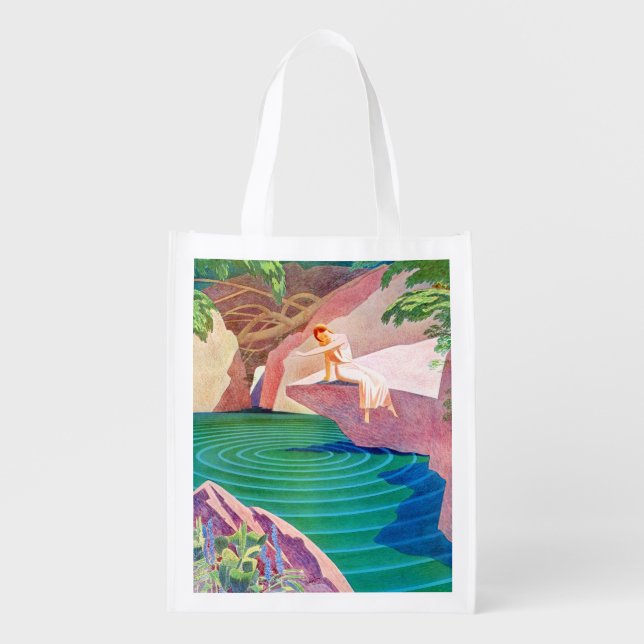 1931 art deco woman by a pond print grocery bag (Front)