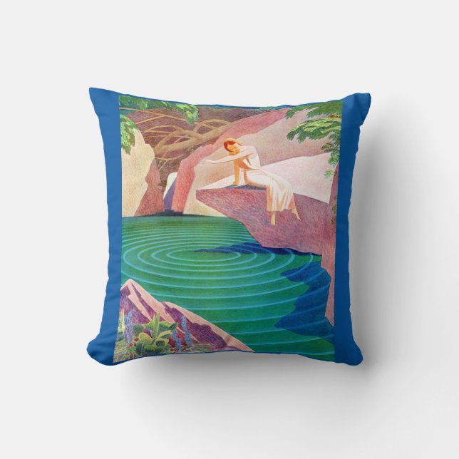 1931 art deco woman by a pond print throw pillow (Front)