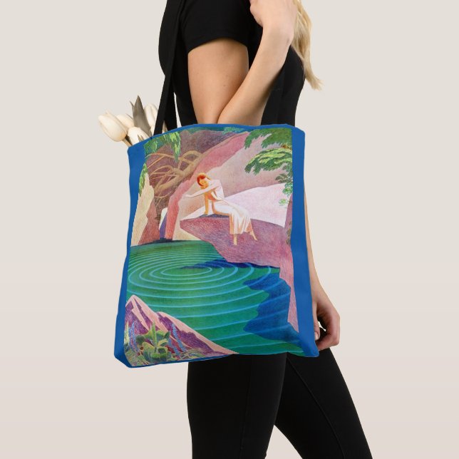 1931 art deco woman by a pond print tote bag (Close Up)