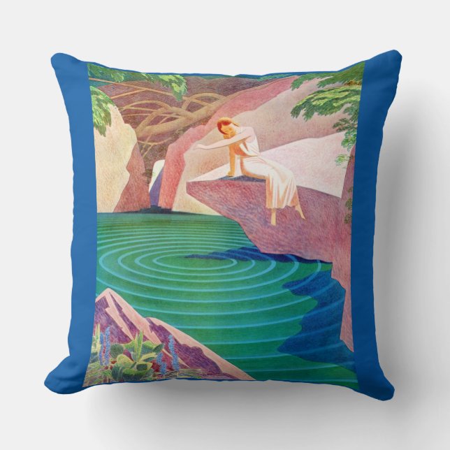 1931 art deco woman by a pond throw pillow (Front)