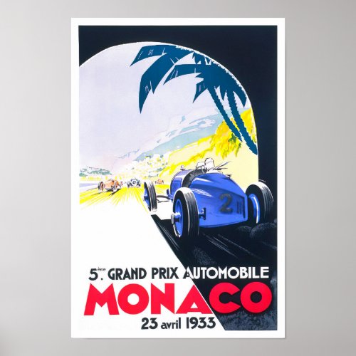 1933 Monaco Grand Prix vintage racing Poster