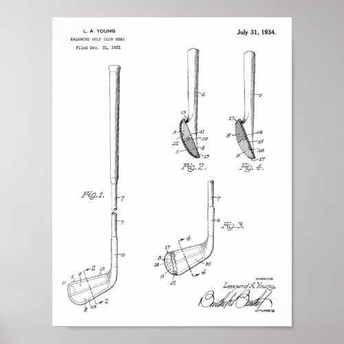 1934 Golf Club Head Patent Art Drawing Print