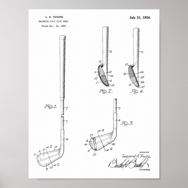 1934 Golf Club Head Patent Art Drawing Print (Front)
