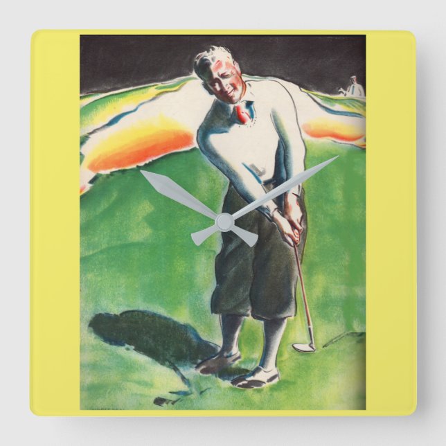 1934 golfing print square wall clock (Front)