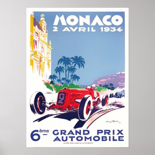 1934 Monaco Grand Prix vintage racing Poster