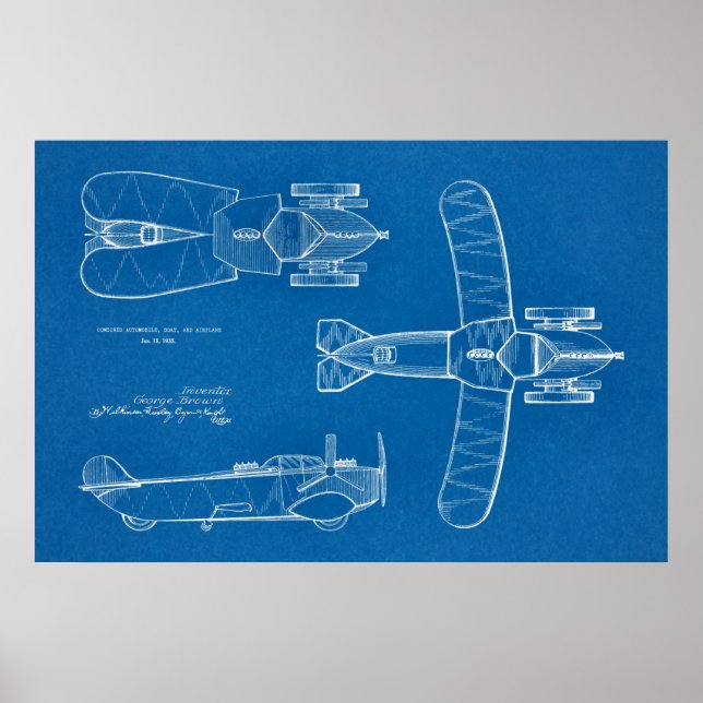 1935 Flying Car Boat Airplane Patent Drawing Print (Front)