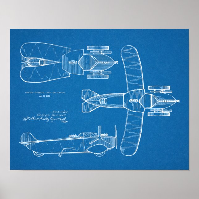 1935 Flying Car Boat Airplane Patent Drawing Print (Front)