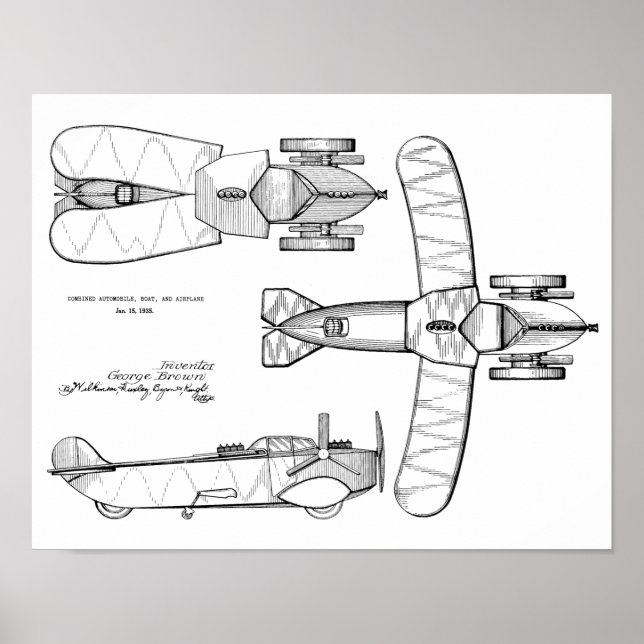 1935 Flying Car Boat Airplane Patent Drawing Print (Front)