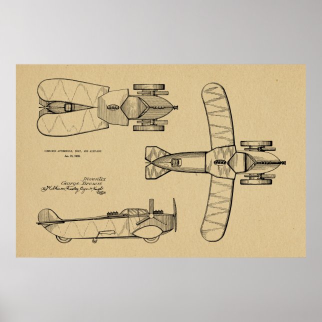 1935 Flying Car Boat Airplane Patent Drawing Print (Front)