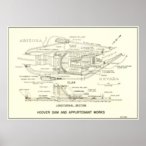 1935 HOOVER DAM PLAN  SECTION POSTER