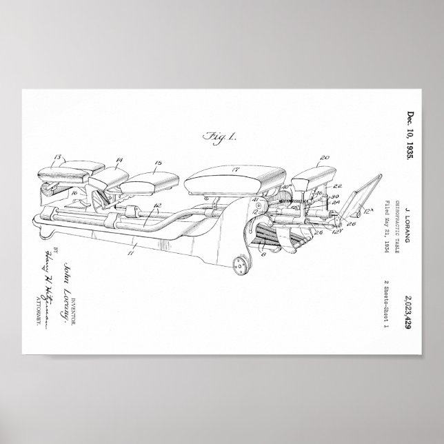 1935 Vintage Chiropractic Table Patent Art Print (Front)