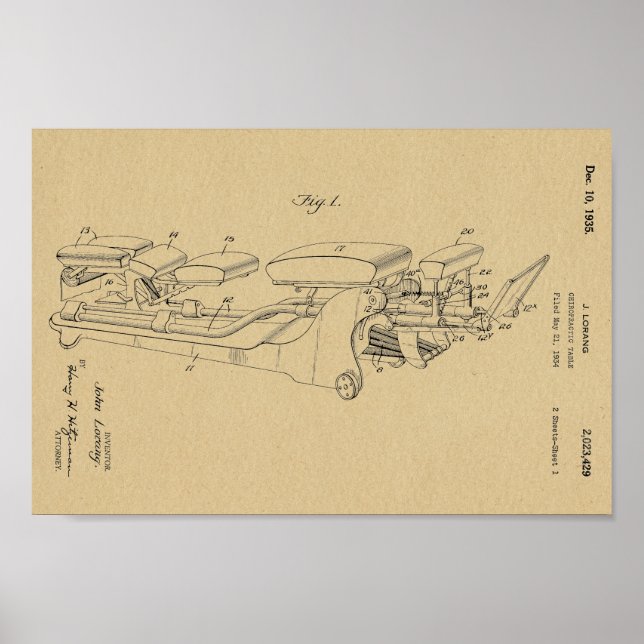1935 Vintage Chiropractic Table Patent Art Print (Front)