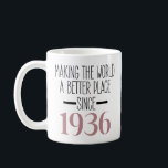 1936 Birthday 90 90th Year Old Women Great Grandma Coffee Mug<br><div class="desc">90 YEAR OLD GIFTS: This 90th birthday mug for women and men is perfect bday gifts for whom is turning 90 years old if you are looking for 90th birthday gifts for women and men 1936 BIRTHDAY GIFTS FOR WOMEN MEN: Making the world a better place since 1936 mug with...</div>